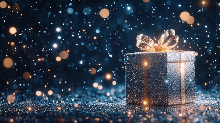 A sparkling gift box with a delicate bow, rendered in a mesmerizing digital style, glowing against a dark blue background, symbolizing the essence of surprise