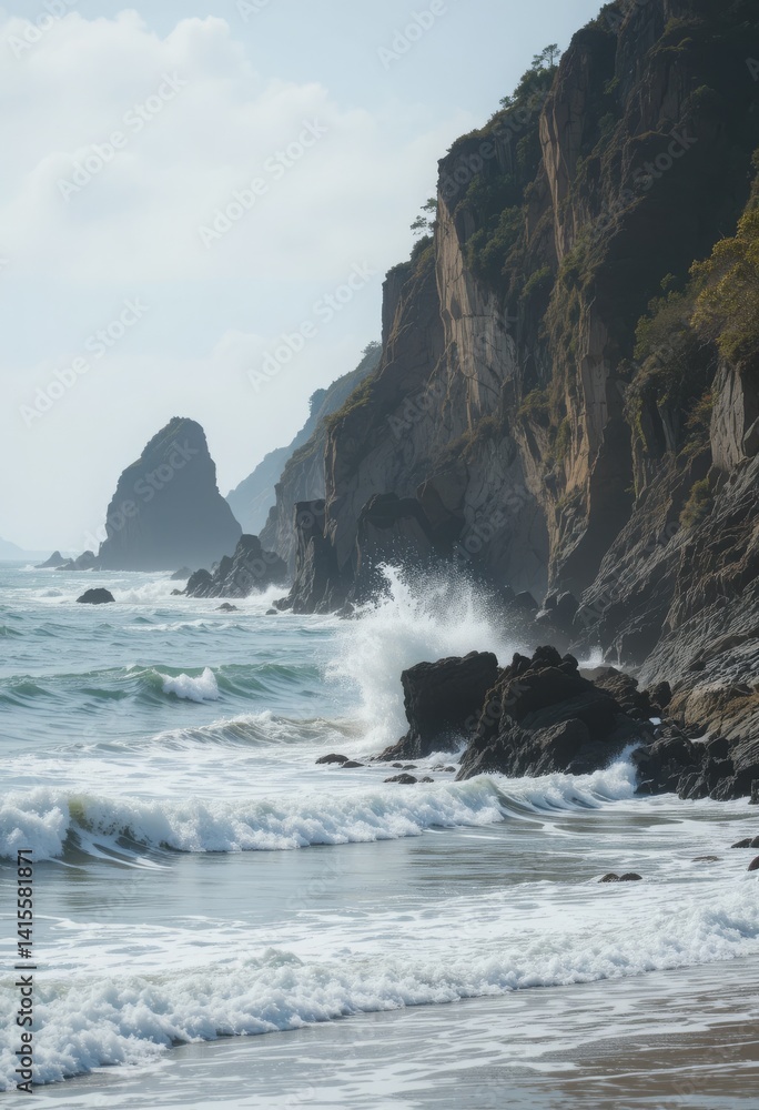 Poster tranquil coastal scene with waves crashing against rugged cliffs under soft natural light generative