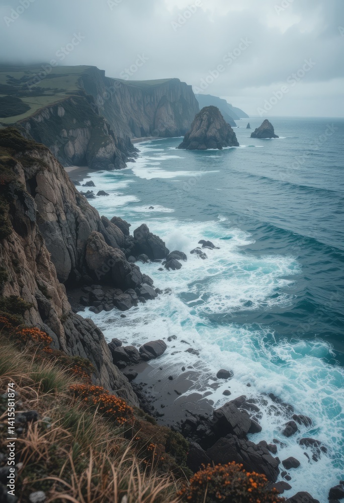 Poster tranquil coastal scene with waves crashing against rugged cliffs under soft natural light generative