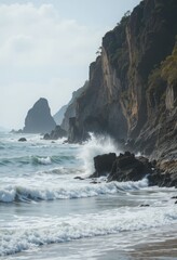 Tranquil coastal scene with waves crashing against rugged cliffs under soft natural light Generative AI