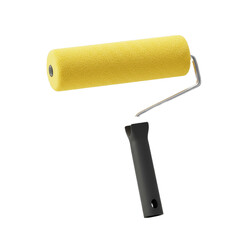 A yellow paint roller floats above its detached black handle on a solid black background