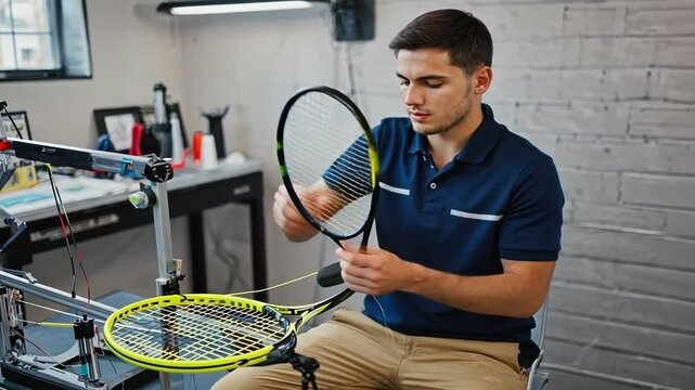 Racquet stringer stringing a racket.