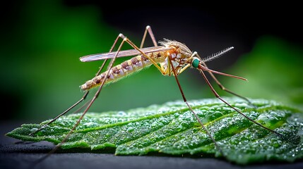 Detailed close up shot of a mosquito standing on a vibrant green leaf showcasing its intricate compound eyes slender proboscis and delicate legs against a softly blurred background with dew drops
