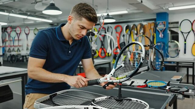 Racquet stringer stringing a racket.