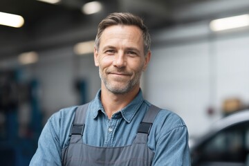 portrait of auto mechanic standing confidently with blurred workshop background minimalistic vibe