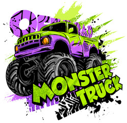 Design with Hand drawing  green Monster Truck. Vector t-shirt illustration for boy. Grunge cool style print on isolated white background