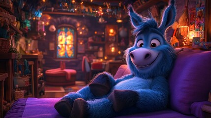 Cozy animated donkey resting in a magical room