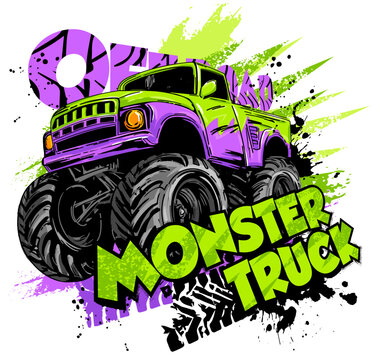 Design with Hand drawing  green Monster Truck. Vector t-shirt illustration for boy. Grunge cool style print on isolated white background