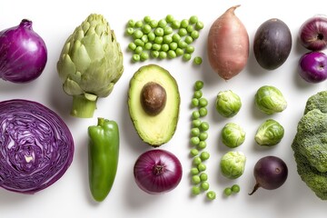 Colorful Variety of Fresh Vegetables and Fruits Flat Lay on White Background