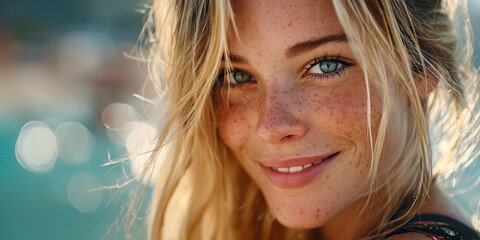 Fototapeta premium Close-up portrait of a young woman with freckles and blonde hair, smiling gently. Warm, sunlit tones, soft focus background.
