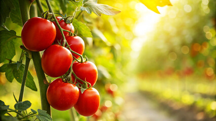 Tomatoes plant in field with warm sunlight natural sunny day background,  Tometo growing in field