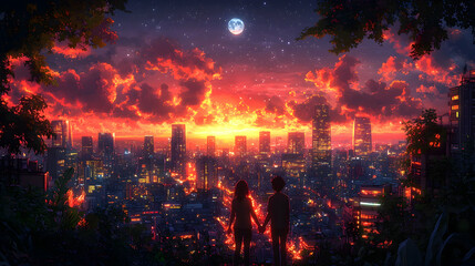 Fototapeta premium Couple gazing at a vibrant cityscape under a starry moonlit sky amidst lush trees creating a serene yet urban atmosph