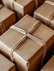 A stack of brown boxes with a string tied around them