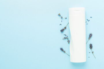 Cream with lavender extract on color background,, top view