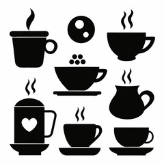 A Set of Nine Black Silhouette Icons Representing Various Coffee Cups, Mugs, and Beverages with Steam