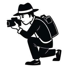 Black and White Illustration of a Photographer Kneeling with a Camera and Backpack
