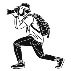 Black and White Illustration of a Photographer with Backpack Taking a Photo