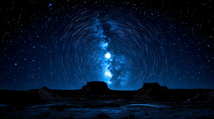 Fototapeta premium Majestic nightscape with a spiral of star trails over silhouetted rock formations and a radiant milky way core