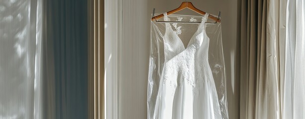 A white dress is hanging on a hanger