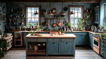 Rustic kitchen interior filled with plants copper accents and an inviting atmosphere for cooking and gathering
