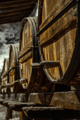 Close-up of old, aged wooden barrels in a row in a rustic winery for aging wines and spirits.