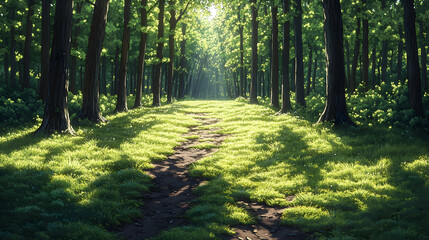 Obraz premium Sunlit path cuts through a lush vibrant forest with light streaming between tall trees casting shadows on the grassy