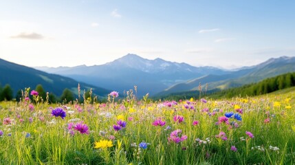 Fototapeta premium Lush meadow bursts with wildflowers amidst alpine peaks. 