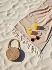 Minimalist boho beach scene with towel and lemonade