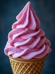 strawberry soft serve ice cream in a crispy waffle cone