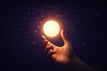 Ethereal Glow Hand Holding a Radiant Orb Amidst Digital Circuit Patterns, Symbolizing Innovation and Technology