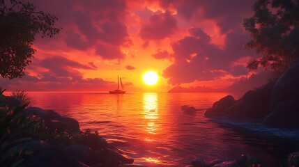 Dreamy pink and orange sunset over the ocean waves high resolution picture