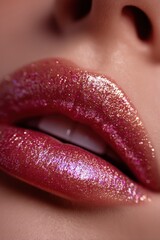 Close-up of Woman's Lips with Shiny Red Lipstick and Subtle Glow