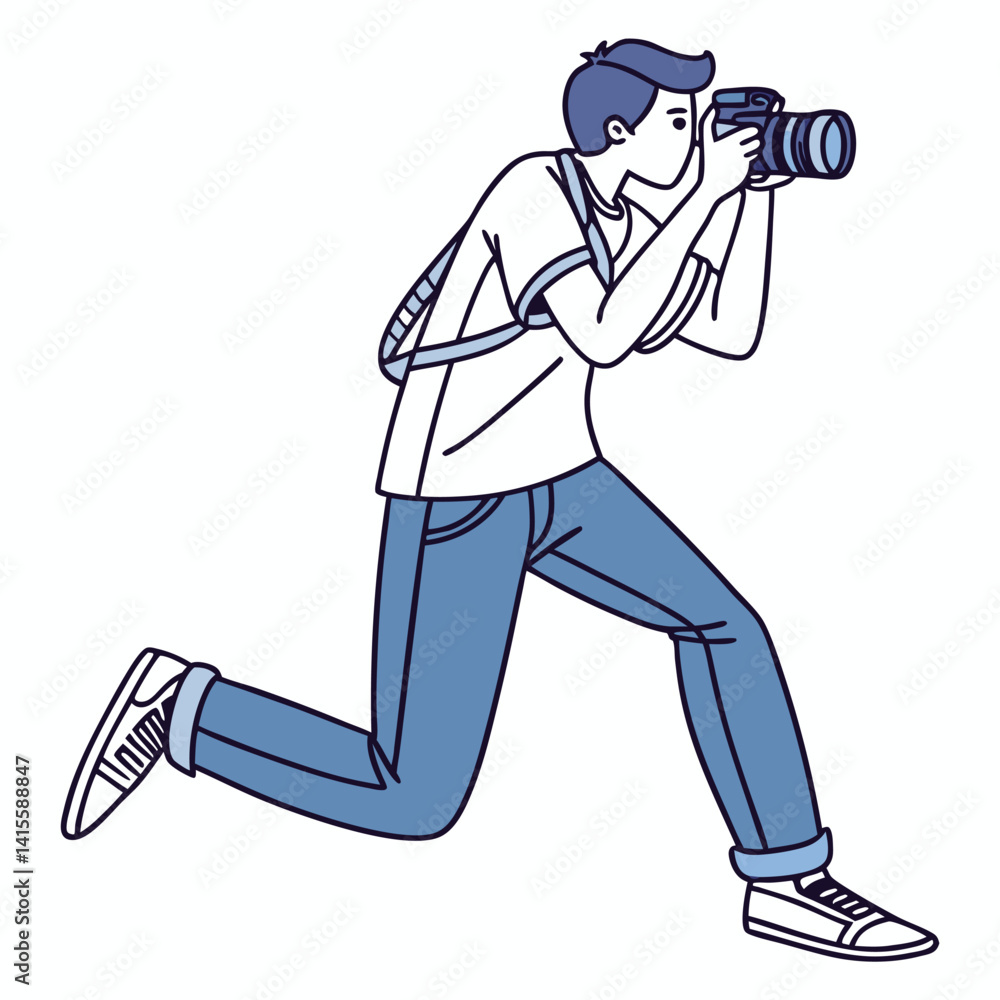Poster dynamic young photographer running and capturing a shot with dslr camera