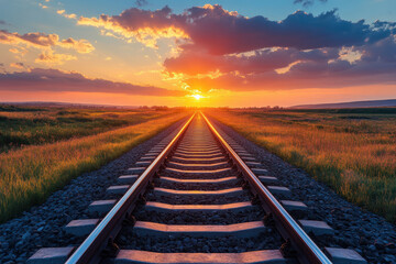 Sun setting behind train tracks, casting golden light, creating a peaceful and nostalgic atmosphere.