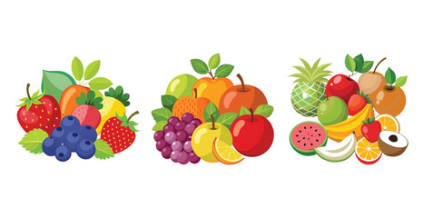 Fruits Flat Design Icon Set, array of colorful organic fruits and vegetables laid out on a rustic wooden table surrounded by a lush garden illuminated by soft daylight.