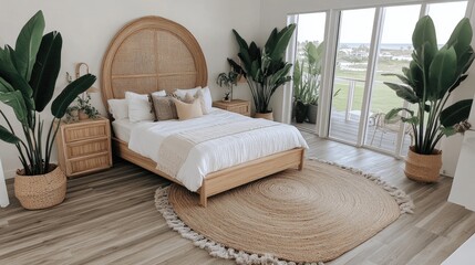 A serene, light-filled bedroom with a woven headboard and natural elements.