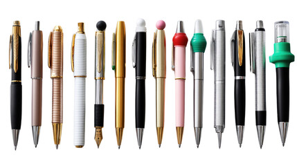 A Collection of Pens: A diverse array of pens, each a testament to design, functionality, and writing precision, stand in a row, capturing the essence of creative expression.