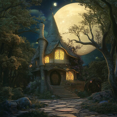 Fantasy enchanted fairy tale house or castle in magical forest with huge moon. digital ar