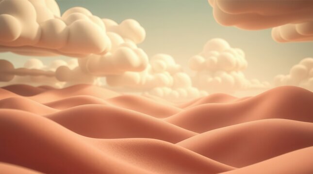 Surreal landscape with soft, rolling dunes and puffy clouds, evoking a sense of peaceful serenity.
