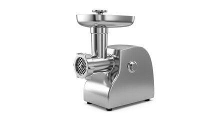 A gleaming stainless steel meat grinder, a kitchen workhorse ready to transform ingredients with its powerful motor and sharp blades, standing against a pristine white background.