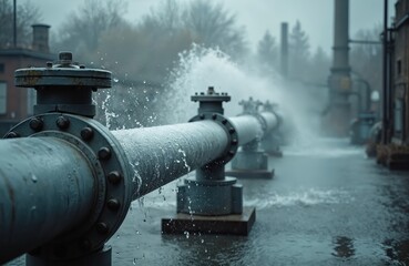 Water pipe burst accident. Boiling water gushes from metal tube. Broken pipe in industry, emergency situation. Leaking hot water, steam. Industrial accident with system damage, water leak, causing