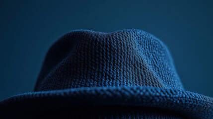A close-up of a navy blue hat with perfect symmetry, set against a solid blue background.