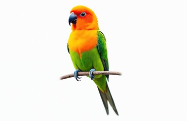 Fototapeta premium Vibrant colorful lovebird parrot isolated on white background. Beautiful bird sits on branch, looking. Exotic pet, close up portrait, orange green colors. Tropical bird, detailed feather.