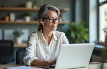 Mid aged business woman working in modern office. Mature female corporate leader executive uses laptop, wears glasses, wireless earbuds for conference call, video online remote job interview.