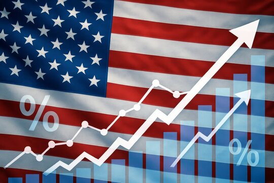Rising Growth and Investment Trends Overlaid on a United States Flag with Graphical Elements Representing Financial Progress and Economic Development