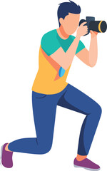 Young Male Photographer Kneeling Taking a Photo with DSLR Camera