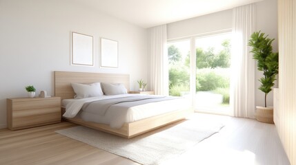 Fototapeta premium Modern, minimalist bedroom with natural light and wooden accents