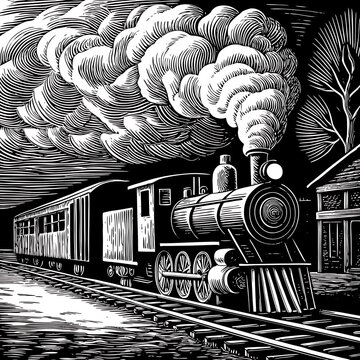Night Train, Steam Locomotive, Woodcut Style