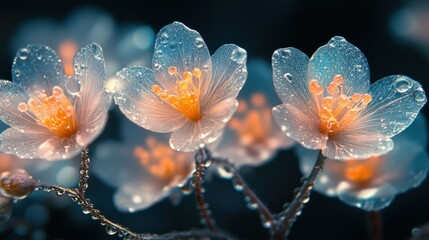 Delicate, ethereal flowers, glistening with water droplets