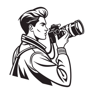 recommend clip art: Stylish Photographer with DSLR Camera Black and White Illustration